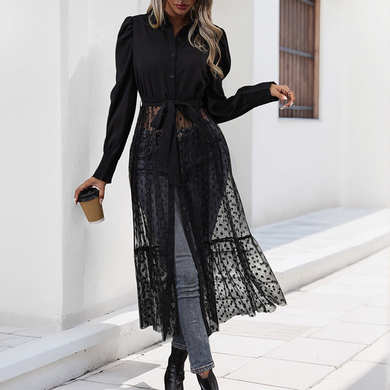 Damen elegantes Maxikleid mit transparenter Überlagerung und taillierbarem Gürtel WW