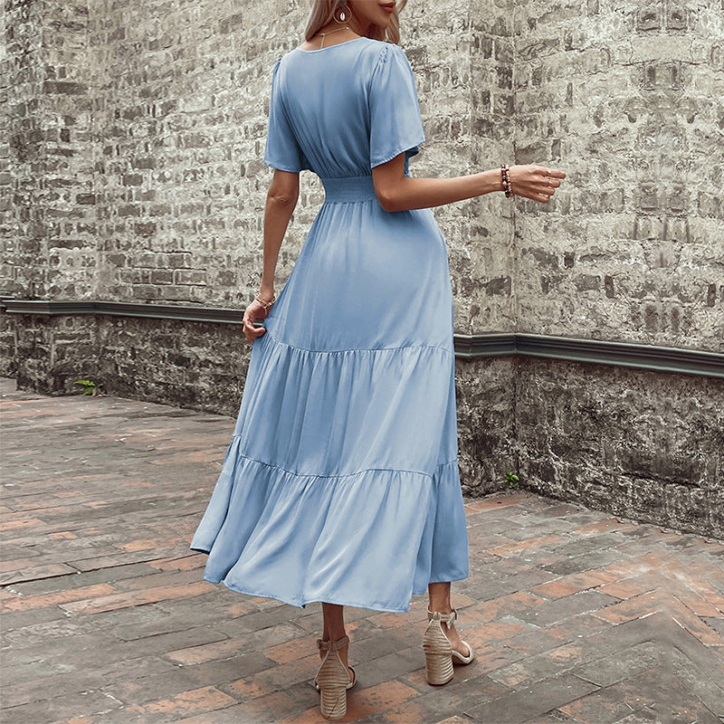 Damen Maxikleid mit V-Ausschnitt und fließendem Rock WW