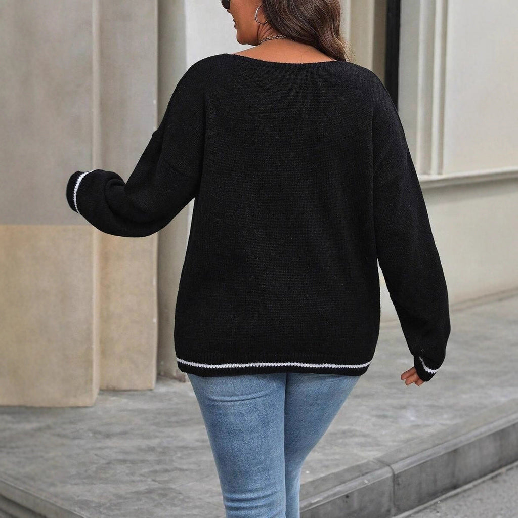 Damen Strickpullover mit Ghost-Motiv und V-Ausschnitt WW