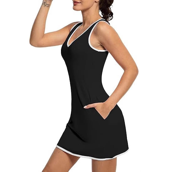Damen Sportliches Tennis-Kleid mit breiten Trägern und V-Ausschnitt WW
