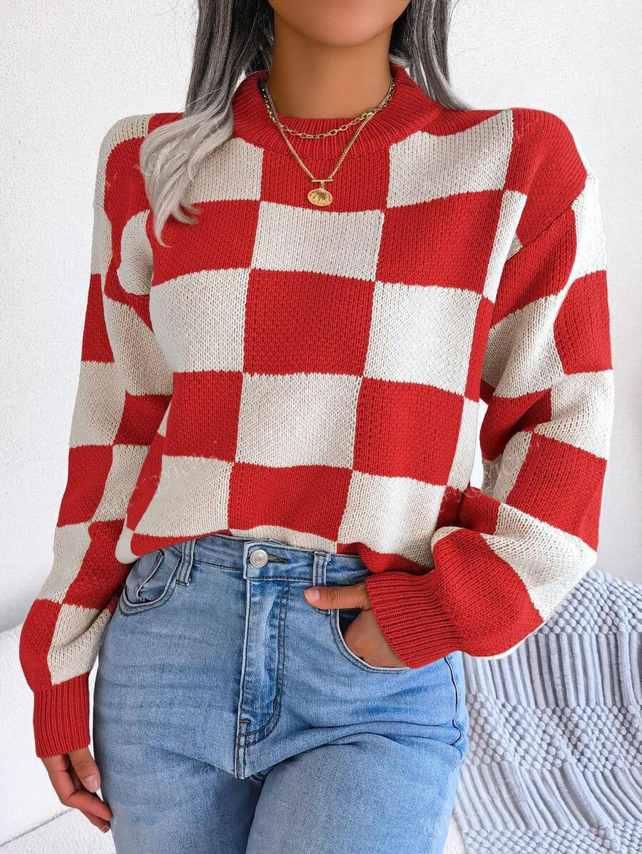 Damen modischer Pullover mit Karomuster und weitem Schnitt WW