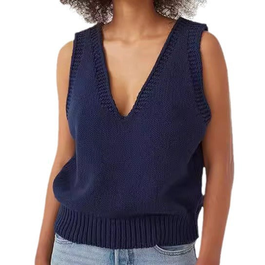 Damen lässiger Strickpullover ohne Ärmel mit tiefem V-Ausschnitt WW