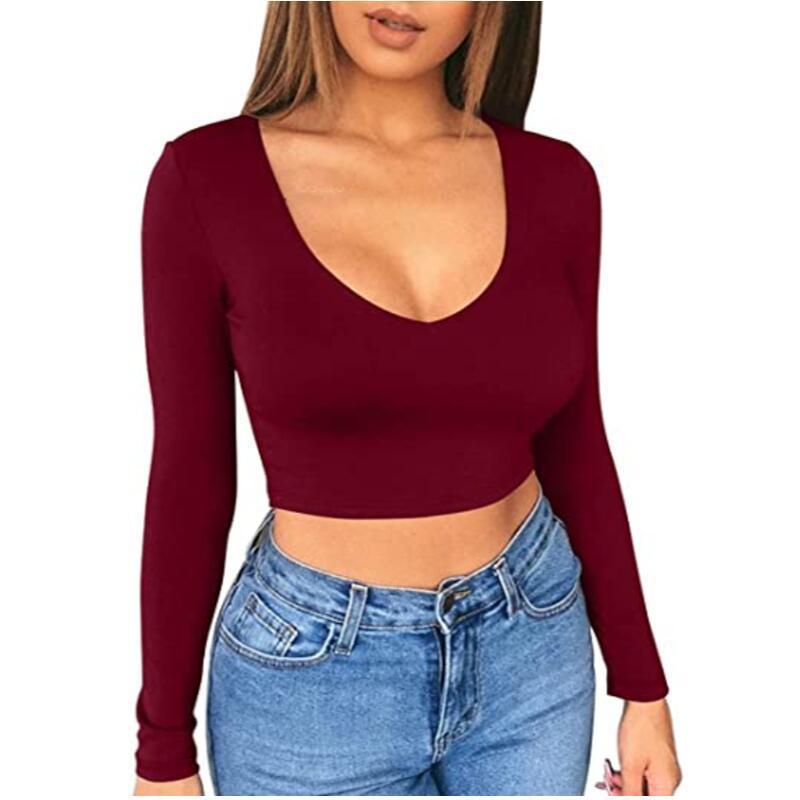 Damen modisches Crop-Top mit tiefem V-Ausschnitt und langen Ärmeln WW