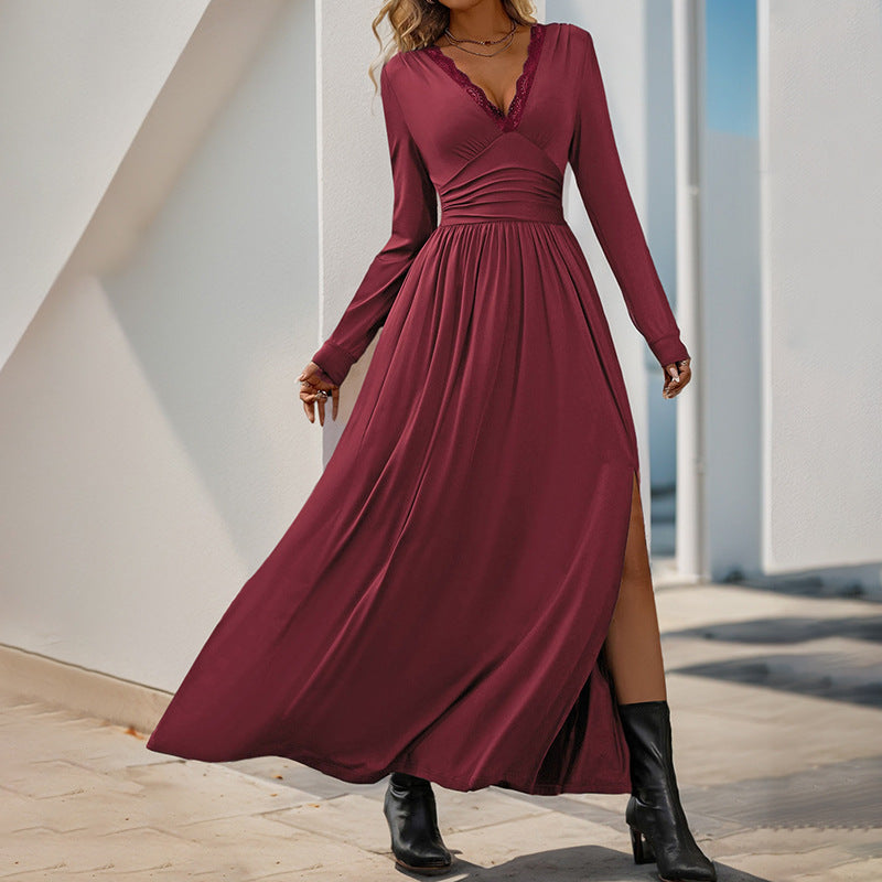 Damen Maxikleid mit tiefem V-Ausschnitt und eleganter Raffung WW