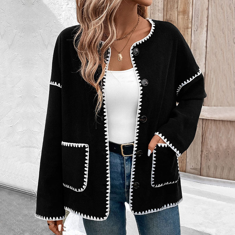 Damen lässige Strickjacke mit kontrastierenden Knopfdetails und aufgesetzten Taschen WW
