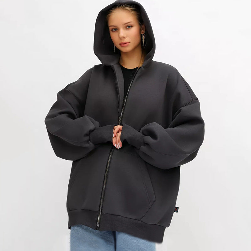 Damen lässiger Oversized Zip-Hoodie mit tiefen Taschen WW