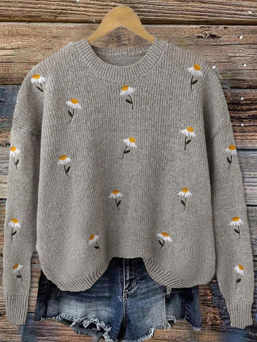 Damen Gemütlicher Strickpullover mit floralen Applikationen WW