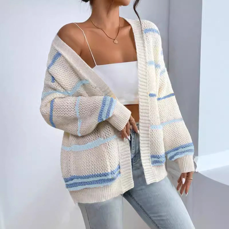 Damen gemütlicher Strickcardigan mit bunten Streifen WW