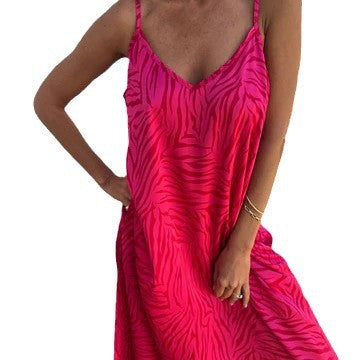 Damen Maxikleid mit auffälligem Zebra-Muster und praktischen Seitentaschen WW