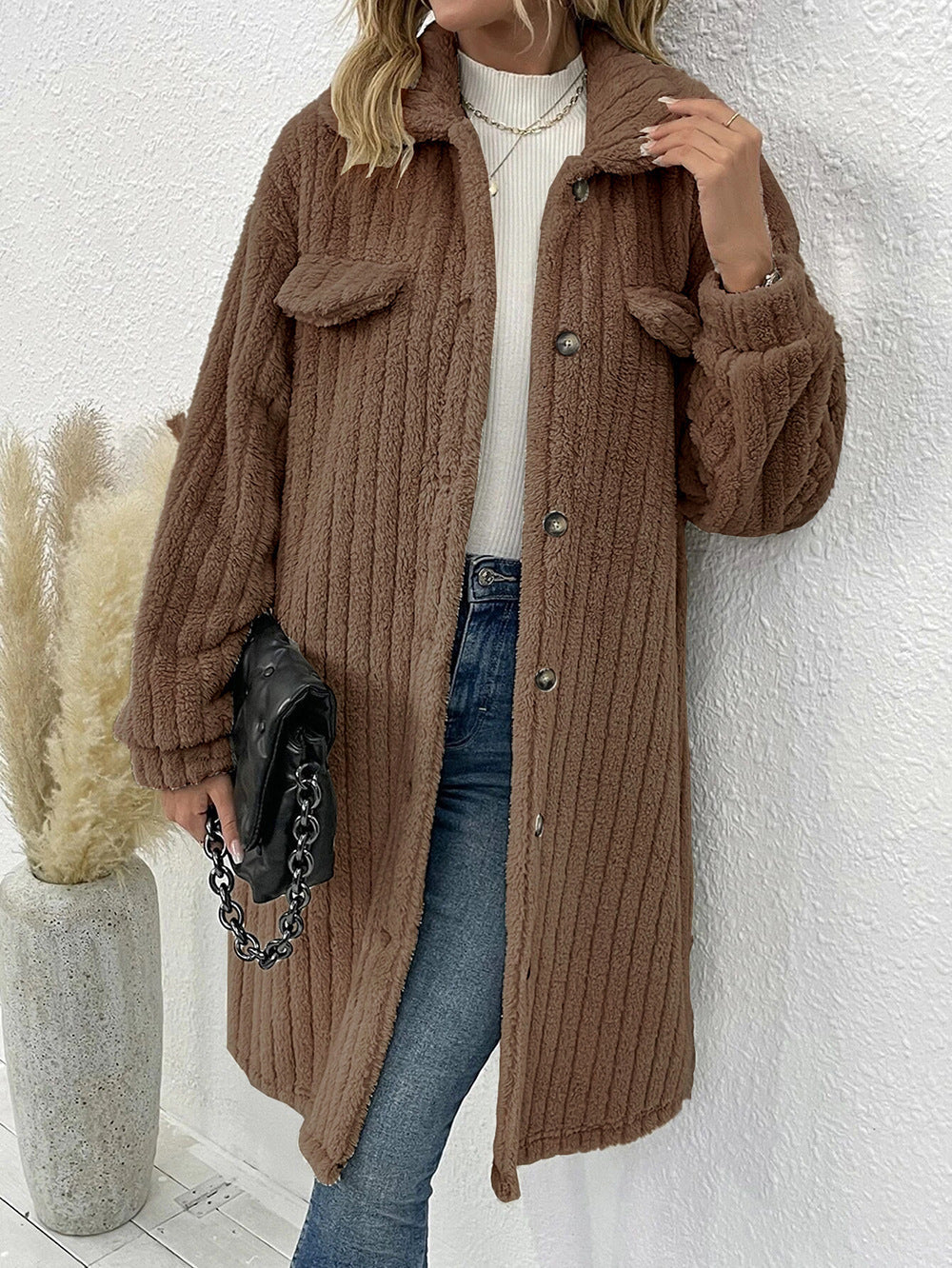 Damen modische Overshirt-Jacke mit strukturiertem Design und abnehmbaren Knöpfen WW