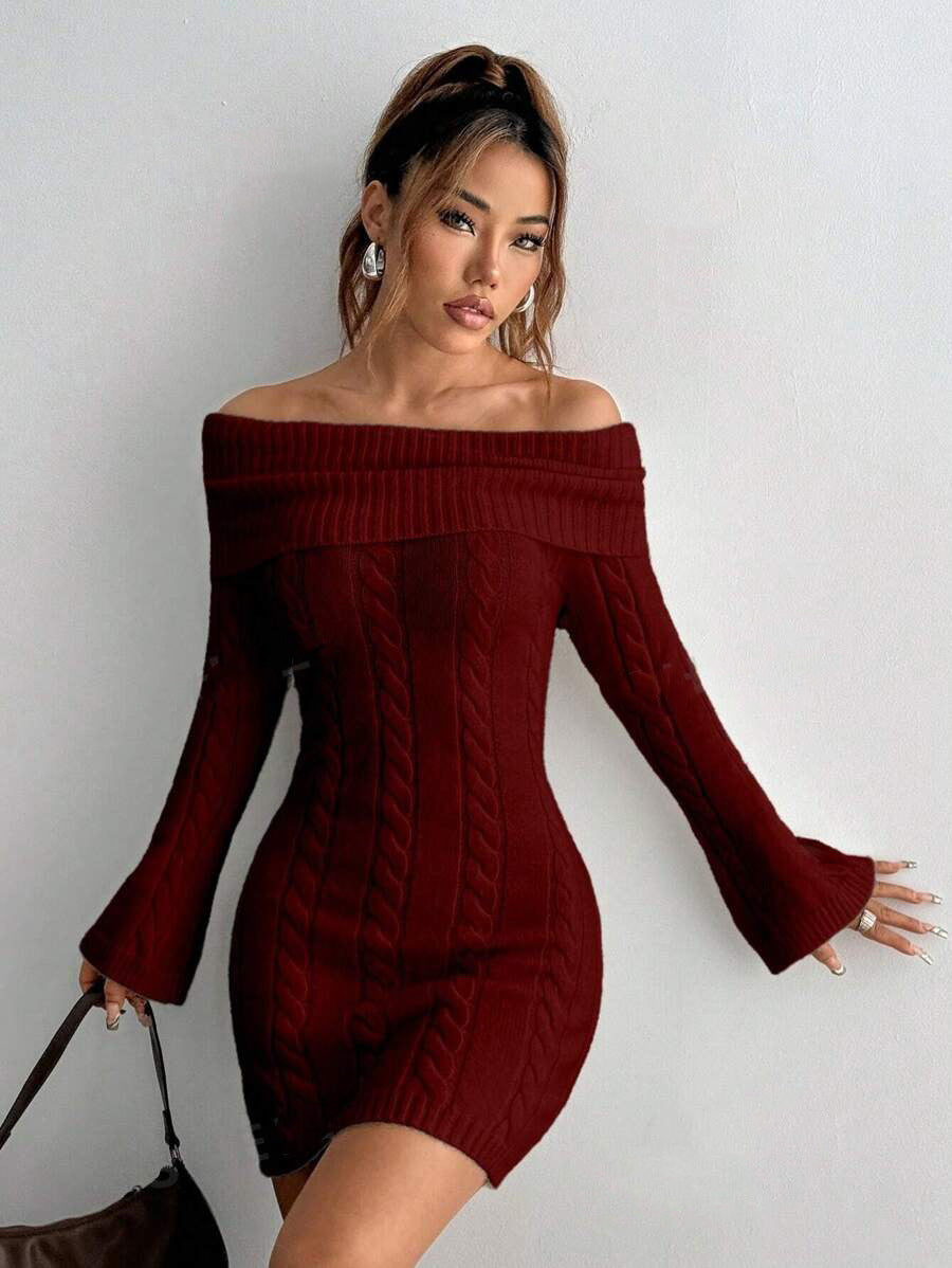 Damen figurbetontes Strickkleid mit weitem Ausschnitt WW