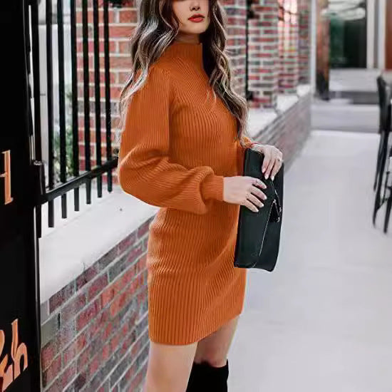 Damen Strickkleid mit hohem Kragen und Puffärmeln WW