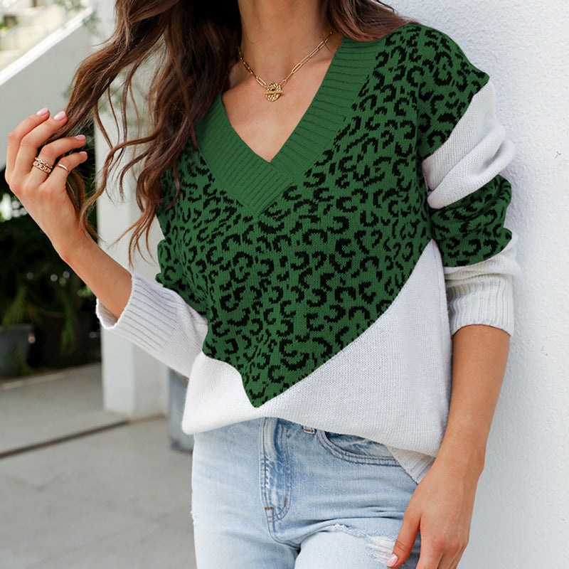 Damen Modischer Pullover mit einzigartigem Leopardenmuster und V-Ausschnitt WW