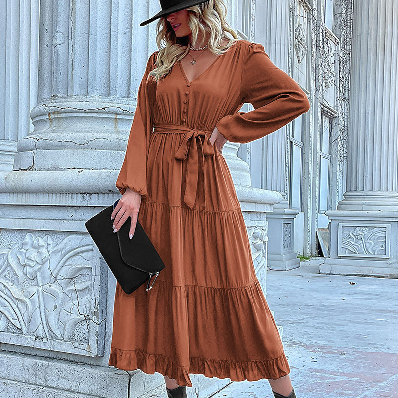 Damen Maxikleid mit Knopfleiste, Taillengürtel und Rüschensaum WW