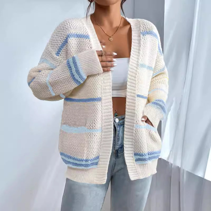 Damen gemütlicher Strickcardigan mit bunten Streifen WW