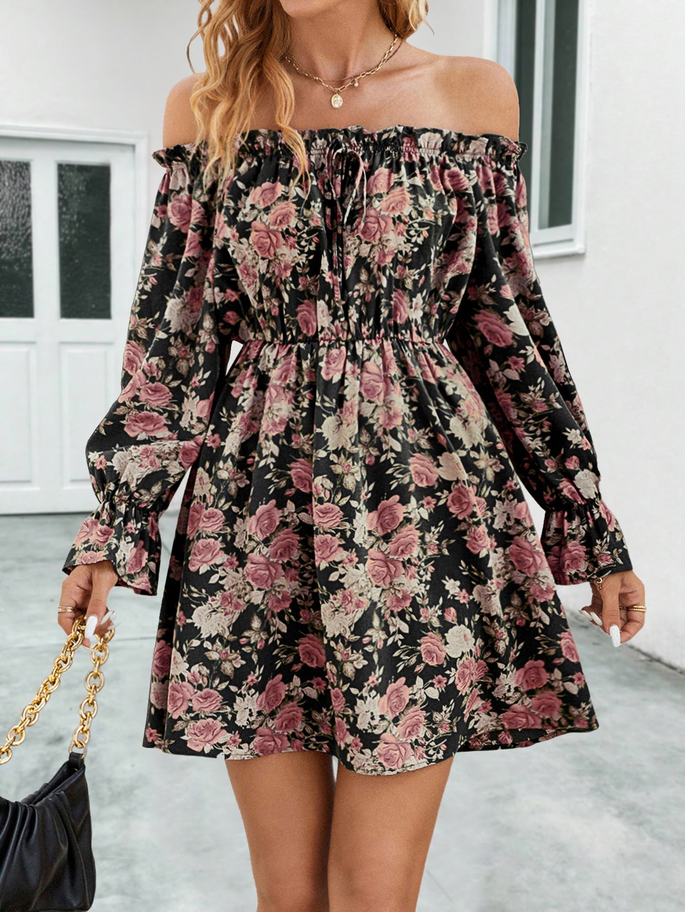 Damen Off-Shoulder Kleid mit Rüschenärmeln und floralem Design WW