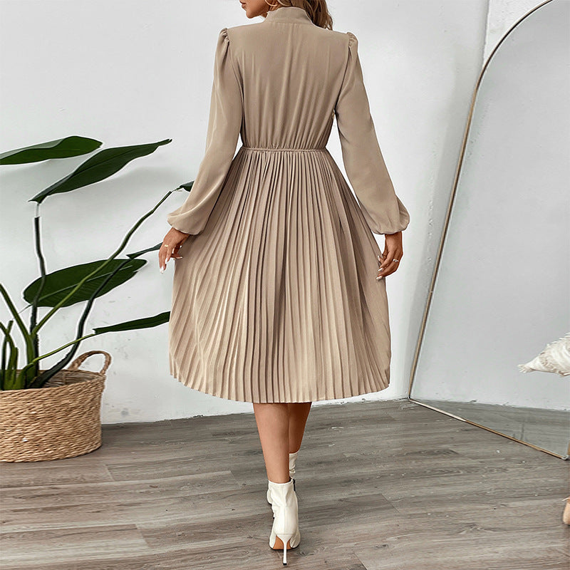 Damen Faltenrock-Kleid mit eleganter Halsbinde und langen Ärmeln WW