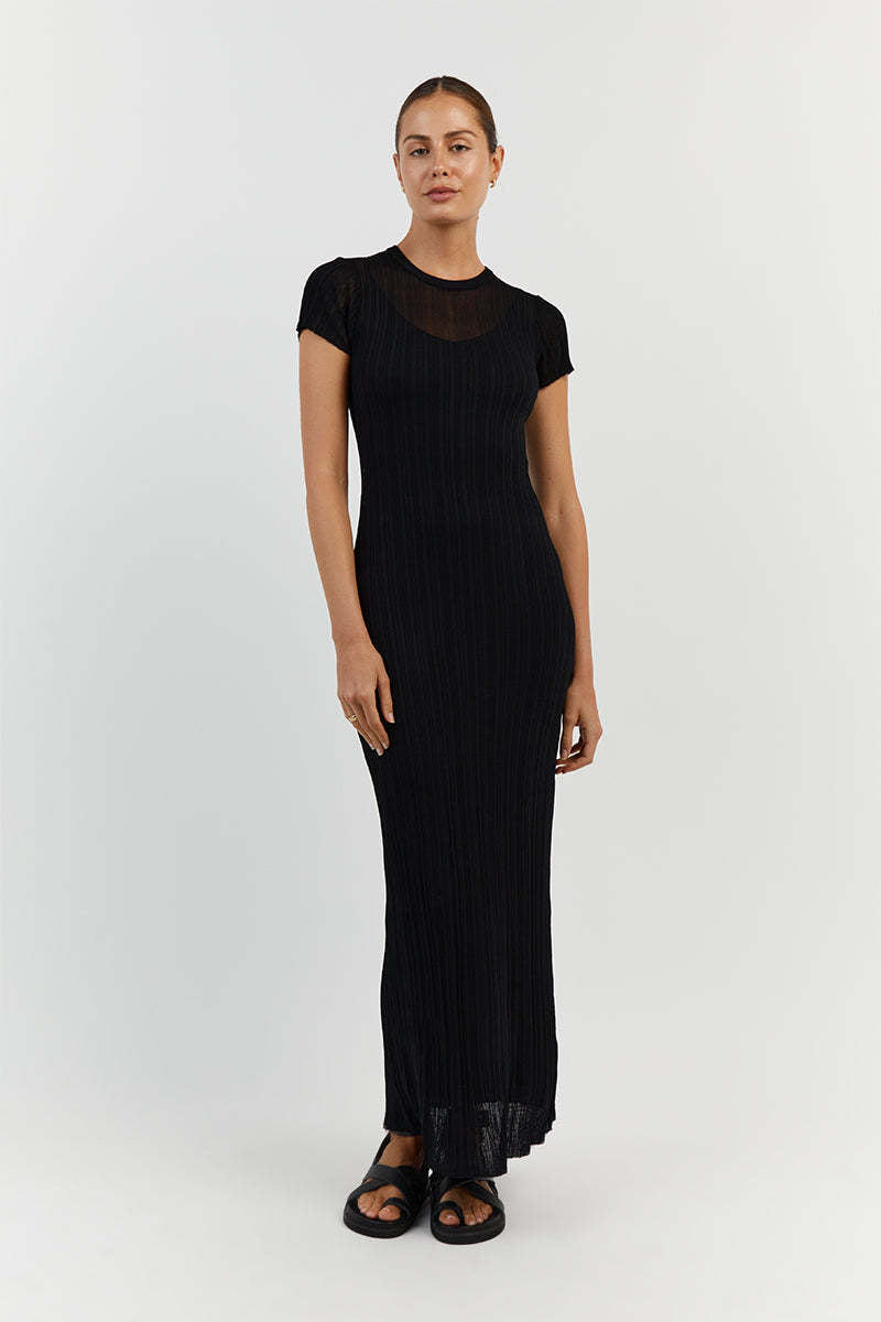 Damen Elegantes Maxikleid mit feiner Rippstruktur und kurzen Ärmeln WW