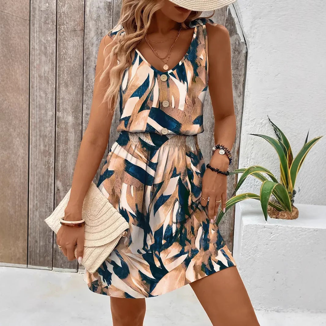 Damen A-Linien Sommerkleid mit Knopfleiste und elastischem Bund WW