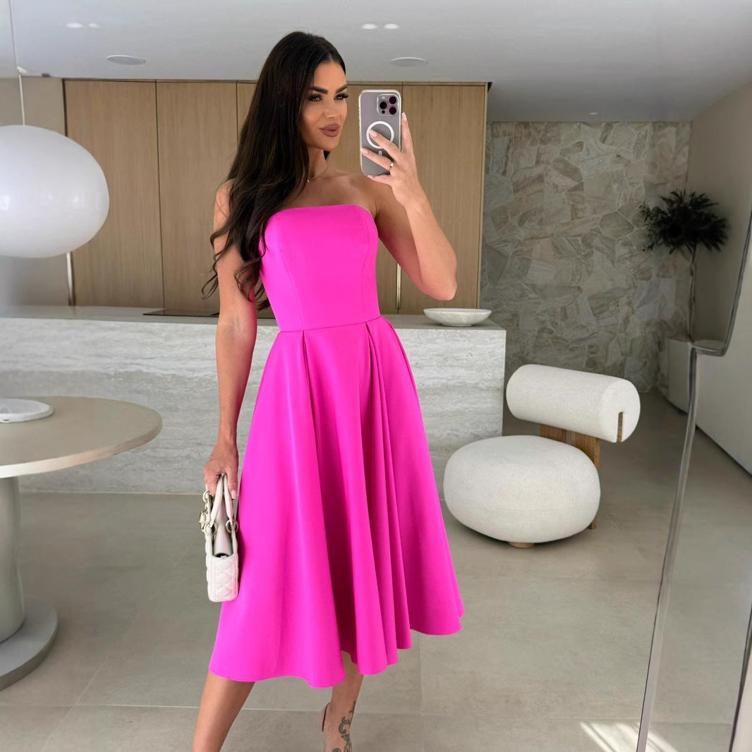 Damen A-linien Cocktailkleid mit trägerlosem Schnitt und schwingendem Rock WW