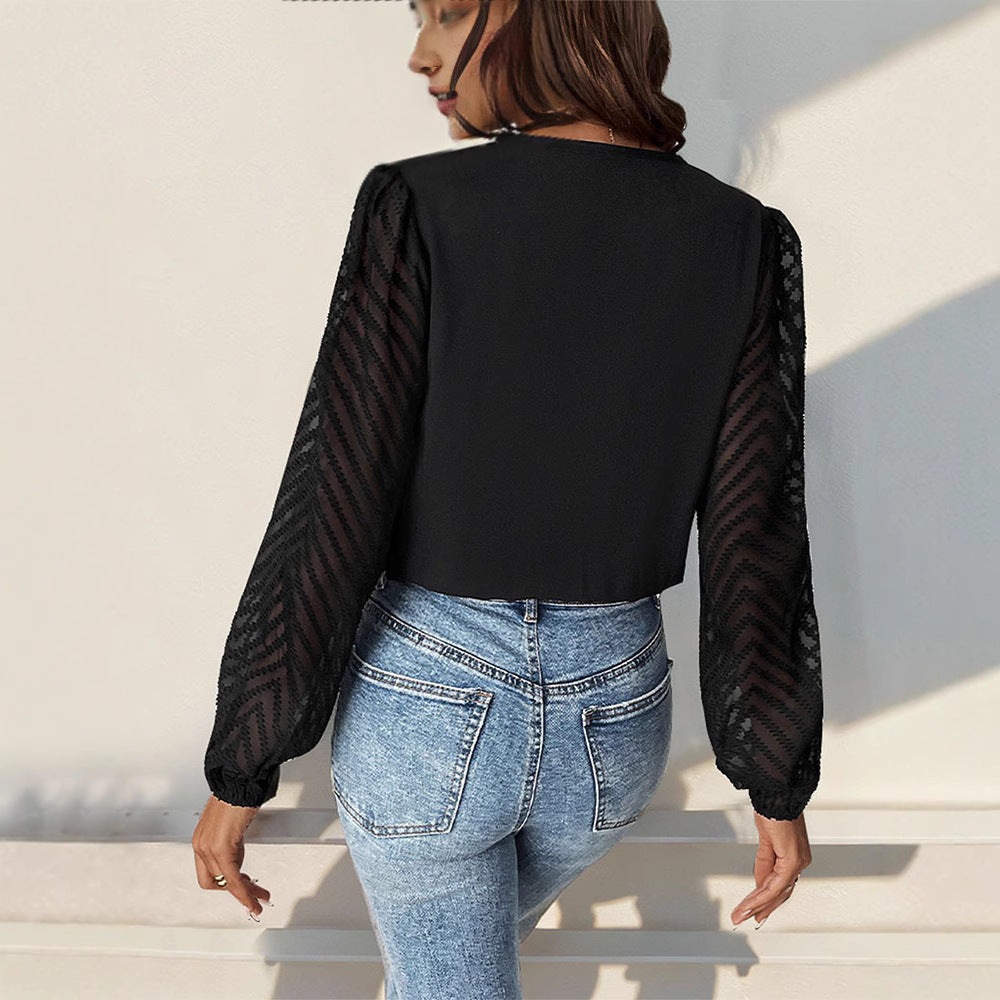 Damen elegantes Body mit voluminösen Ärmel und tiefem V-Ausschnitt WW