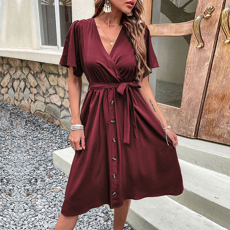Damen Midi-Kleid mit eleganter Wickeloptik und praktischen Knopfdetails WW