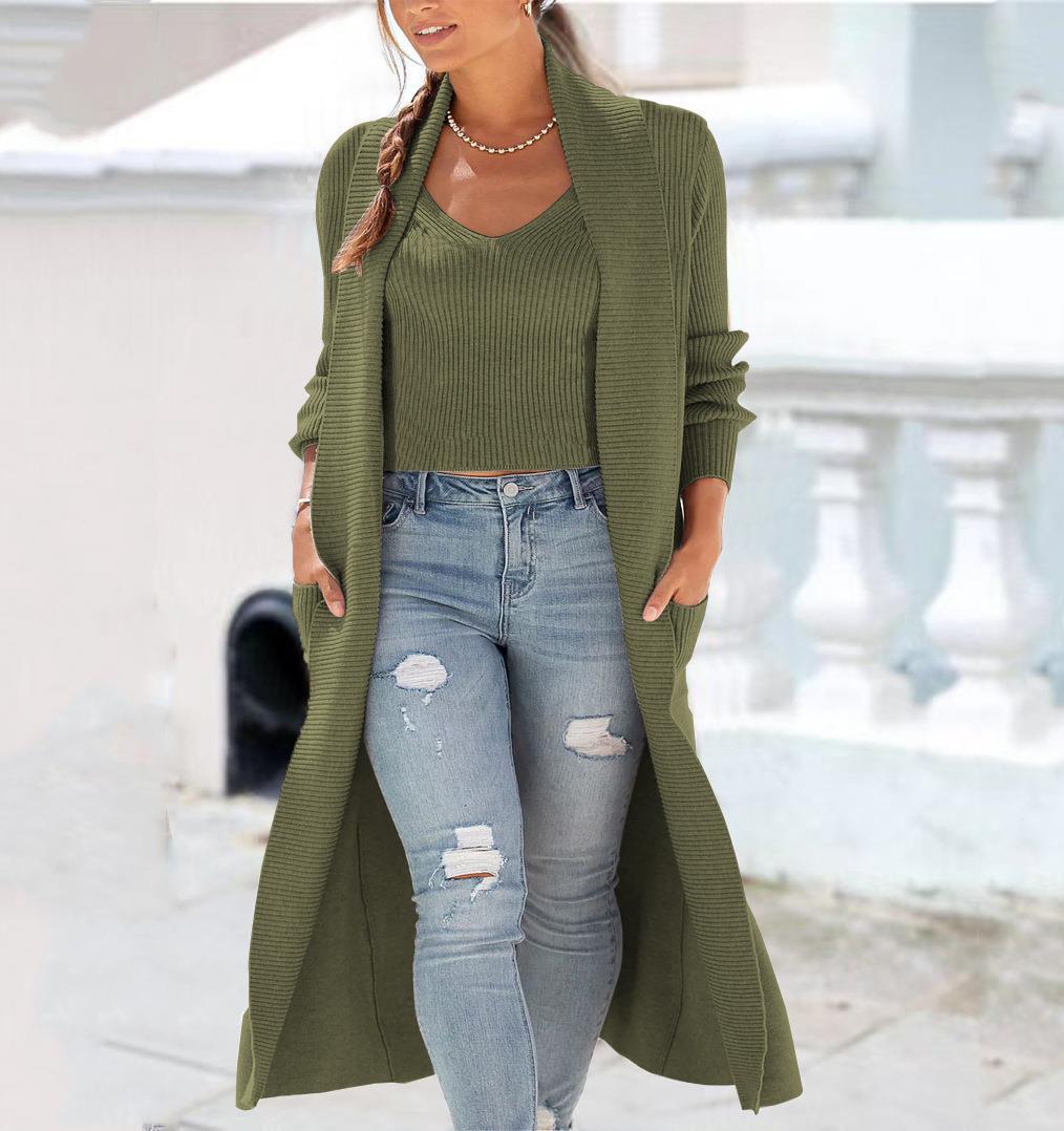 Damen Lange Strickjacke mit luxuriösem V-Ausschnitt und eleganten Akzenten WW