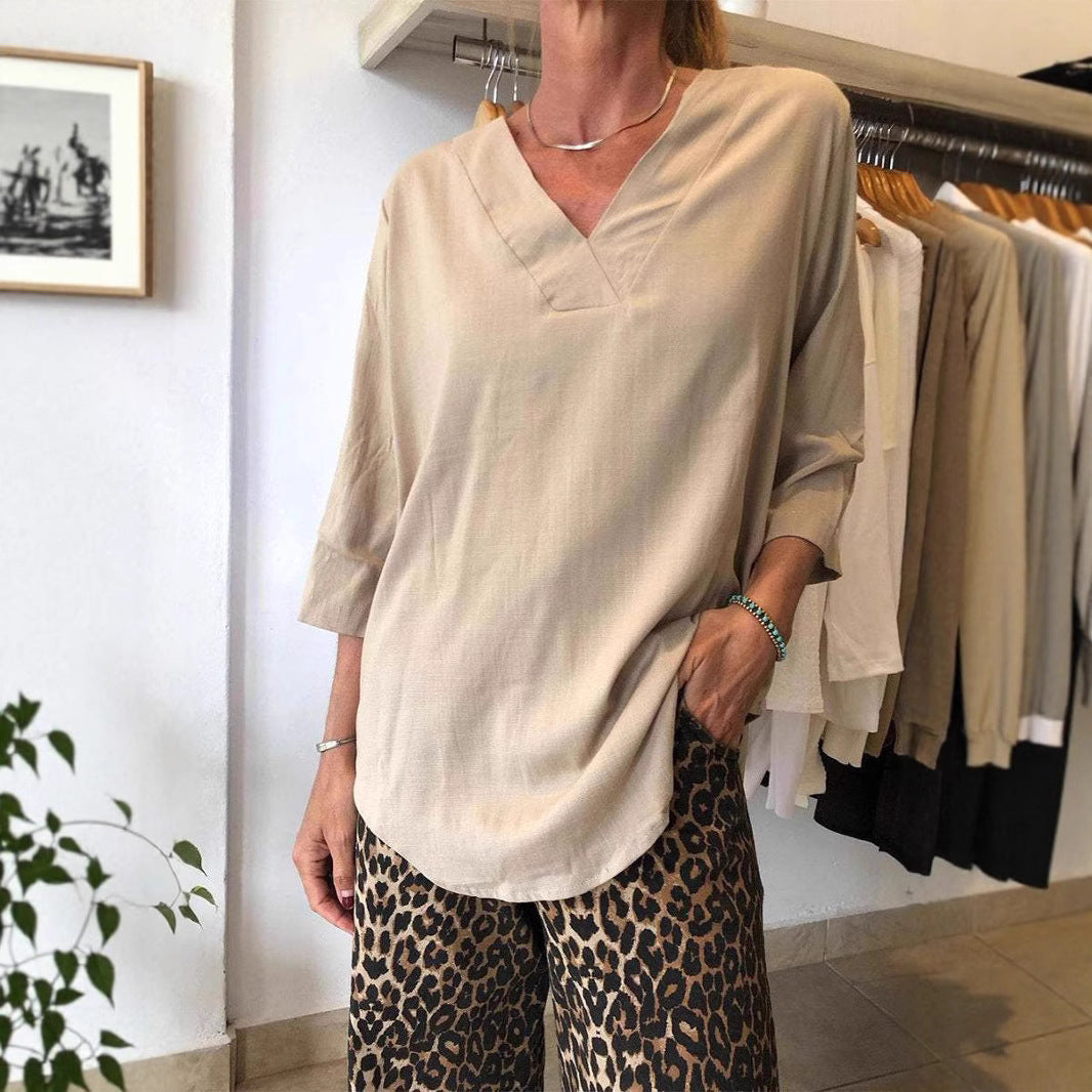 Damen Oversize Tunika mit modernem V-Ausschnitt und lässigen Ärmeln WW