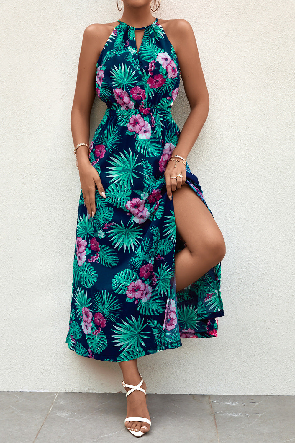 Damen Maxikleid mit tiefem Schlitz und elegantem Blumendesign WW