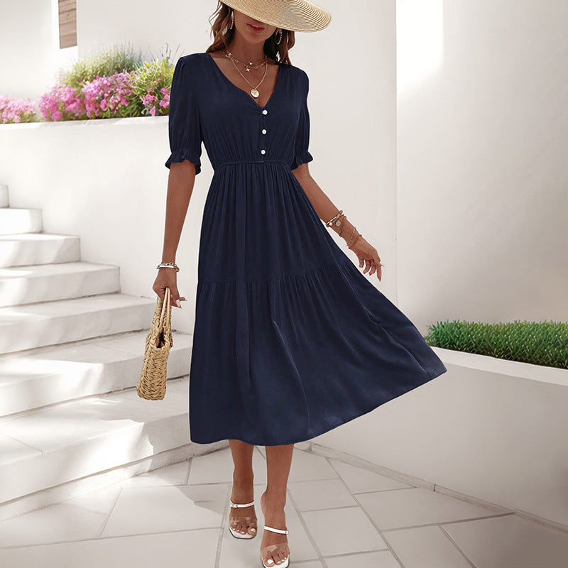 Damen Midi-Kleid mit knöpfbarem V-Ausschnitt und voluminösen Ärmeln WW