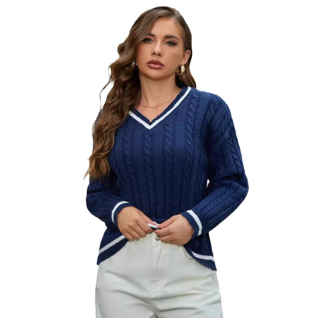 Damen Strickpullover mit V-Ausschnitt und klassischem Zopfdesign WW