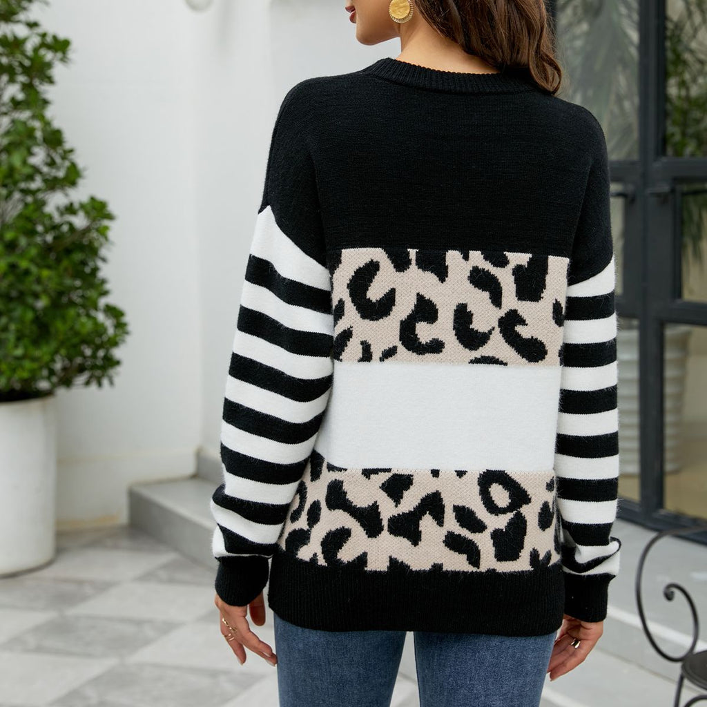 Damen modischer Pullover mit auffälligem Leopardenmuster und gestreiften Ärmeln WW