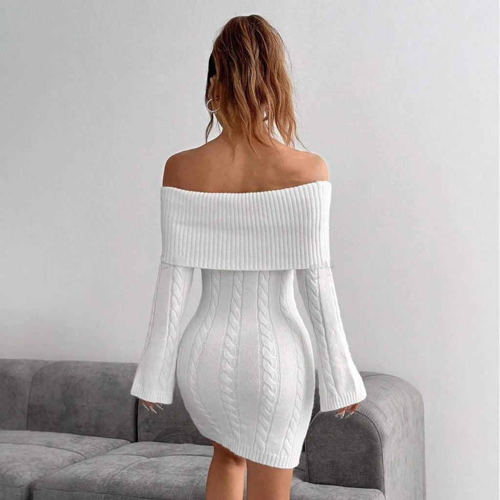 Damen Off-Shoulder Strickkleid mit Zopfmuster und voluminösen Ärmeln WW