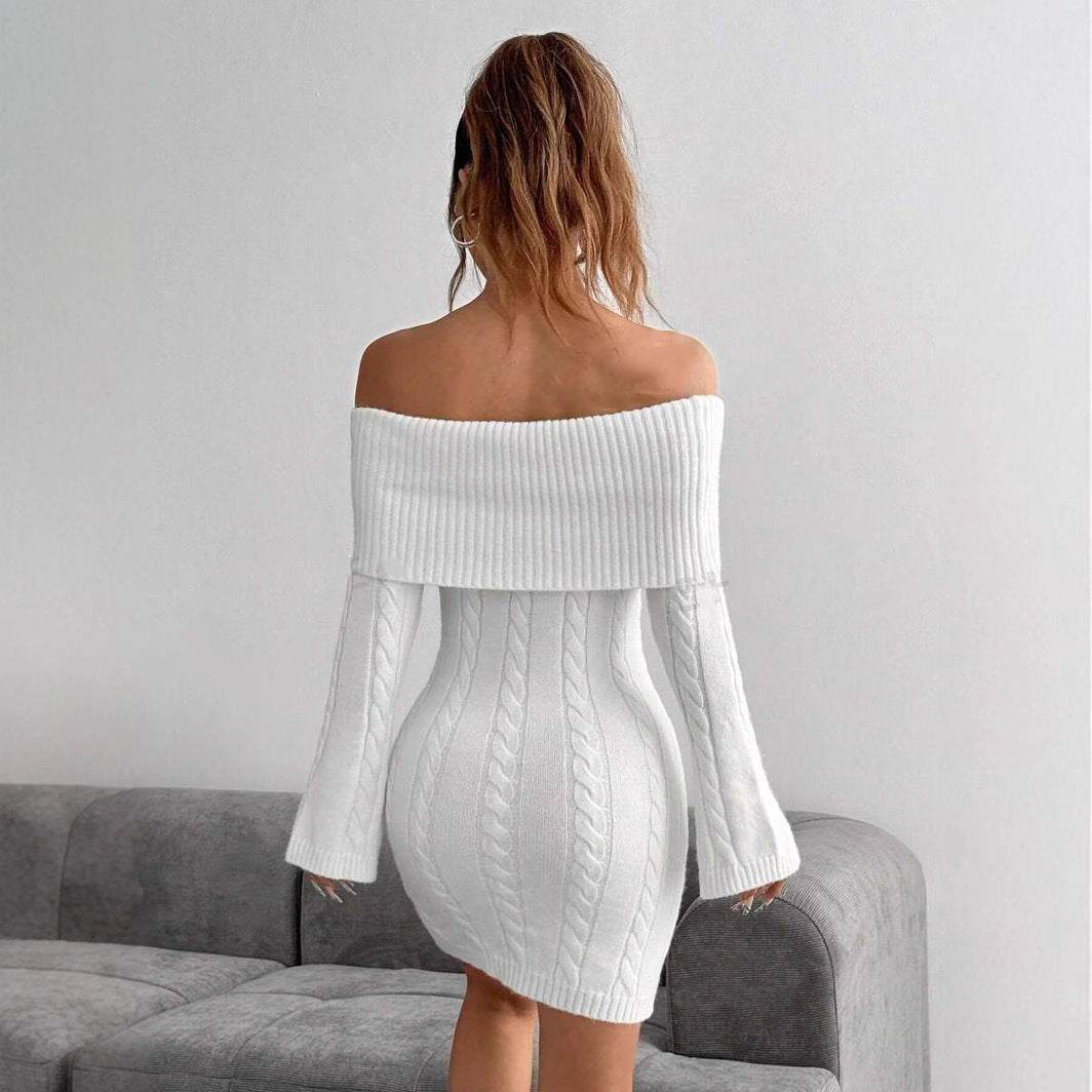 Damen Off-Shoulder Strickkleid mit Zopfmuster und voluminösen Ärmeln WW