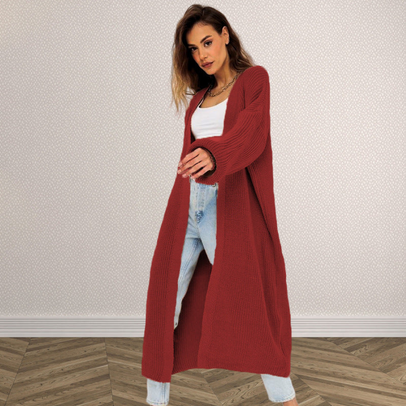 Damen Langer gestrickter Cardigan mit lässigem Schnitt und strukturierter Textur WW