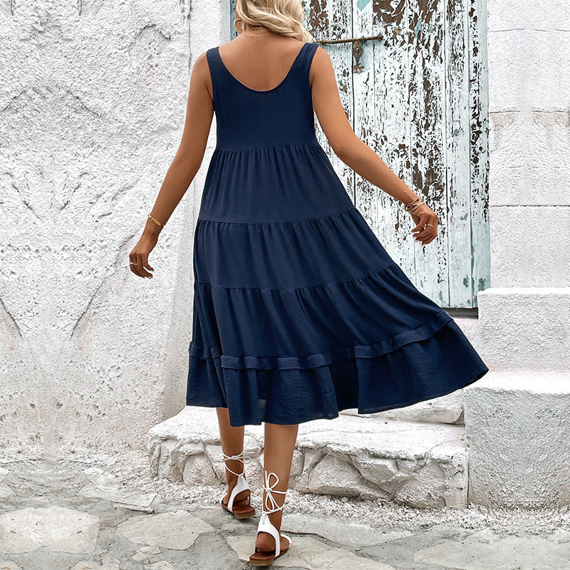 Damen ärmelloses Maxikleid mit Knopfdetail und Volant Saum WW