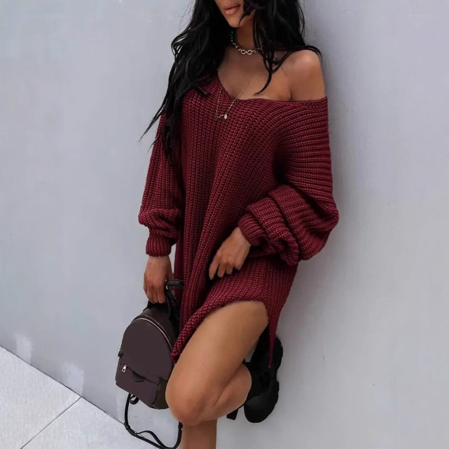 Damen lässiger Strickpullover mit tiefem V-Ausschnitt und ballonförmigen Ärmeln WW