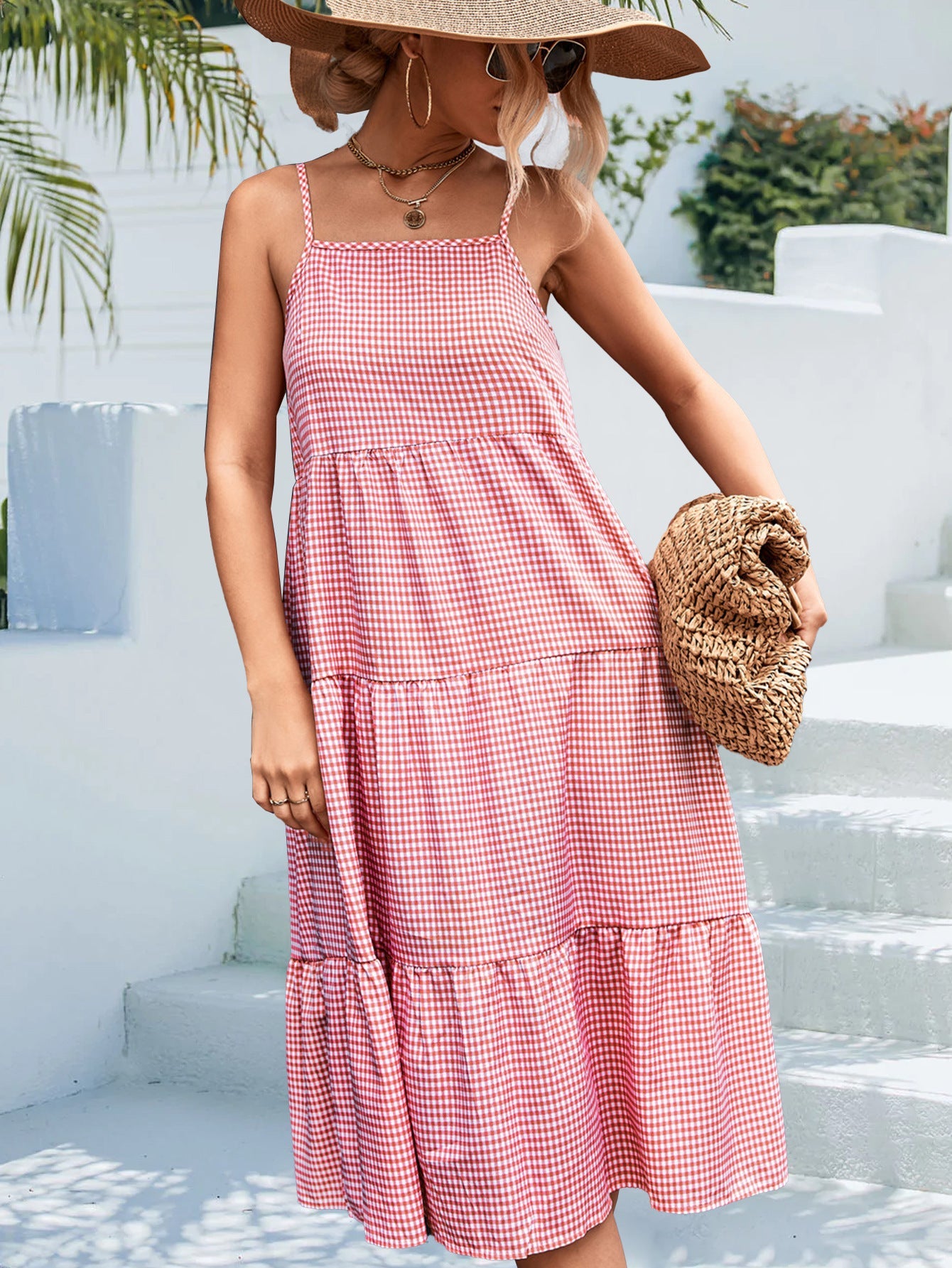Damen Sommerliches Vichy-Kleid mit Trägern und Rüschen WW