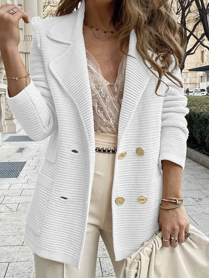 Damen eleganter Strickblazer mit doppelter Knopfleiste und Taschen WW