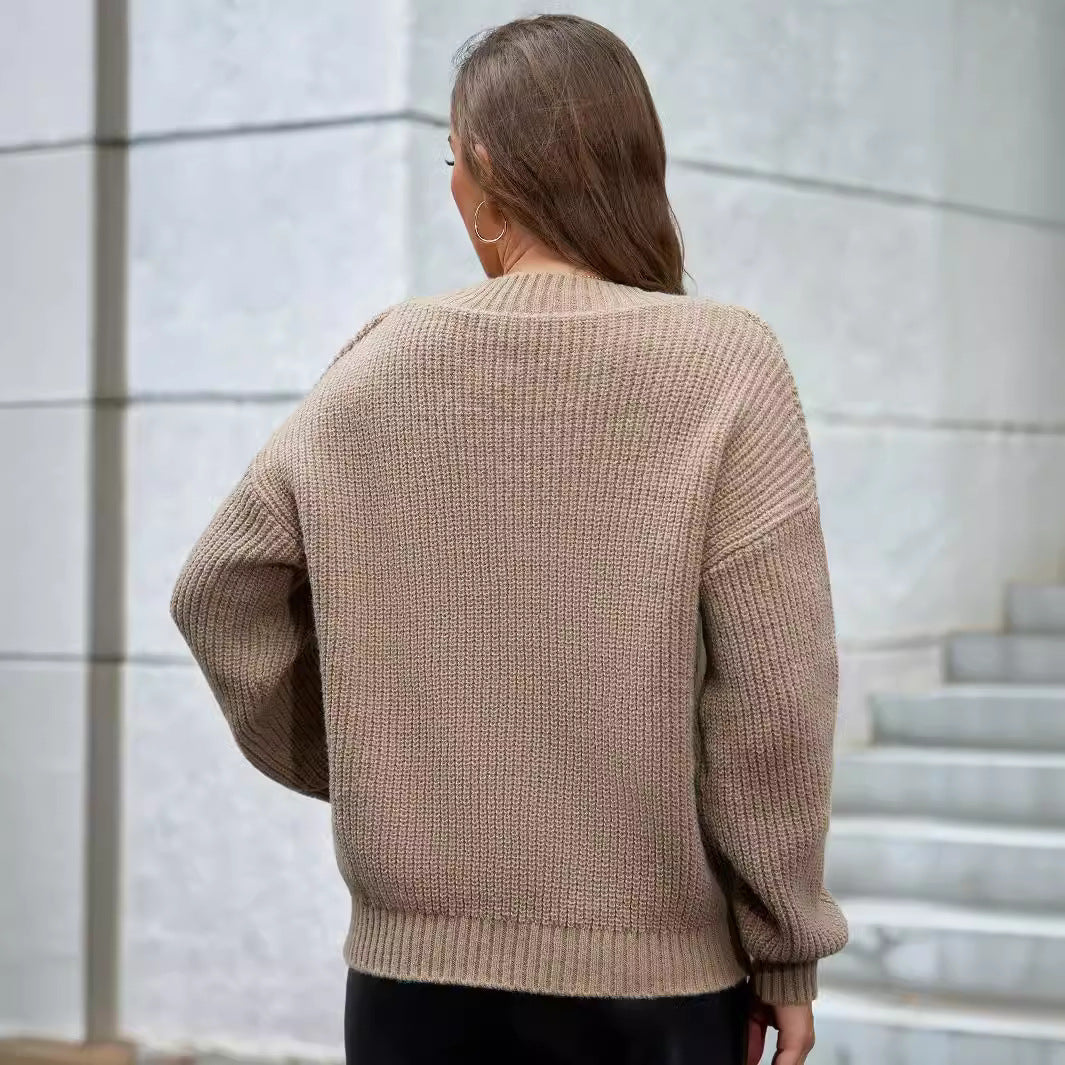 Damen gemütlicher V-Ausschnitt Strickpullover mit lockerem Schnitt und strukturiertem Muster WW