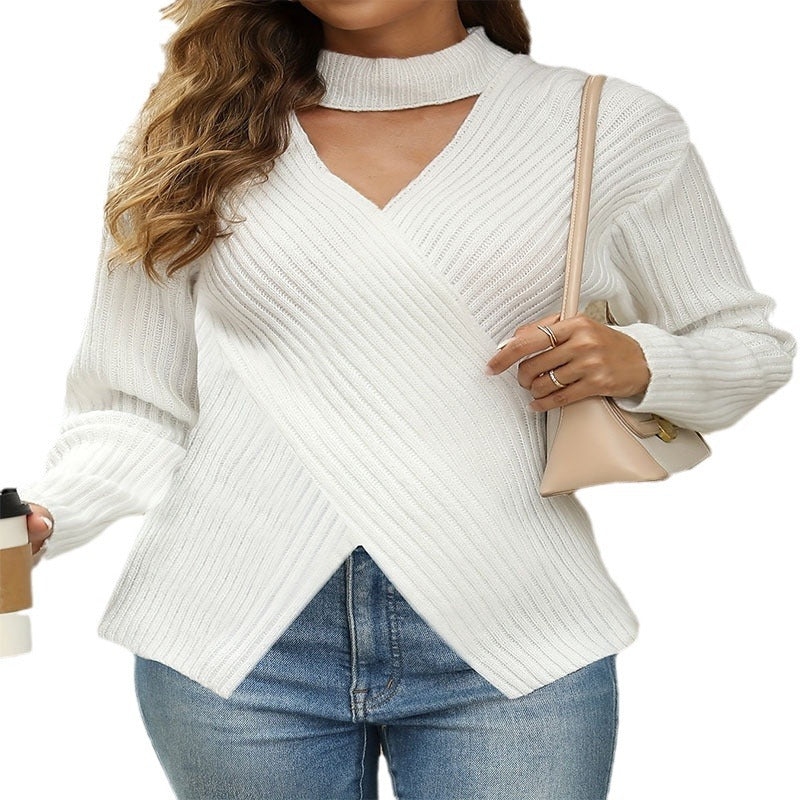 Damen modischer asymmetrischer Strickpullover mit hochgeschlossenem Kragen und Rippstruktur WW