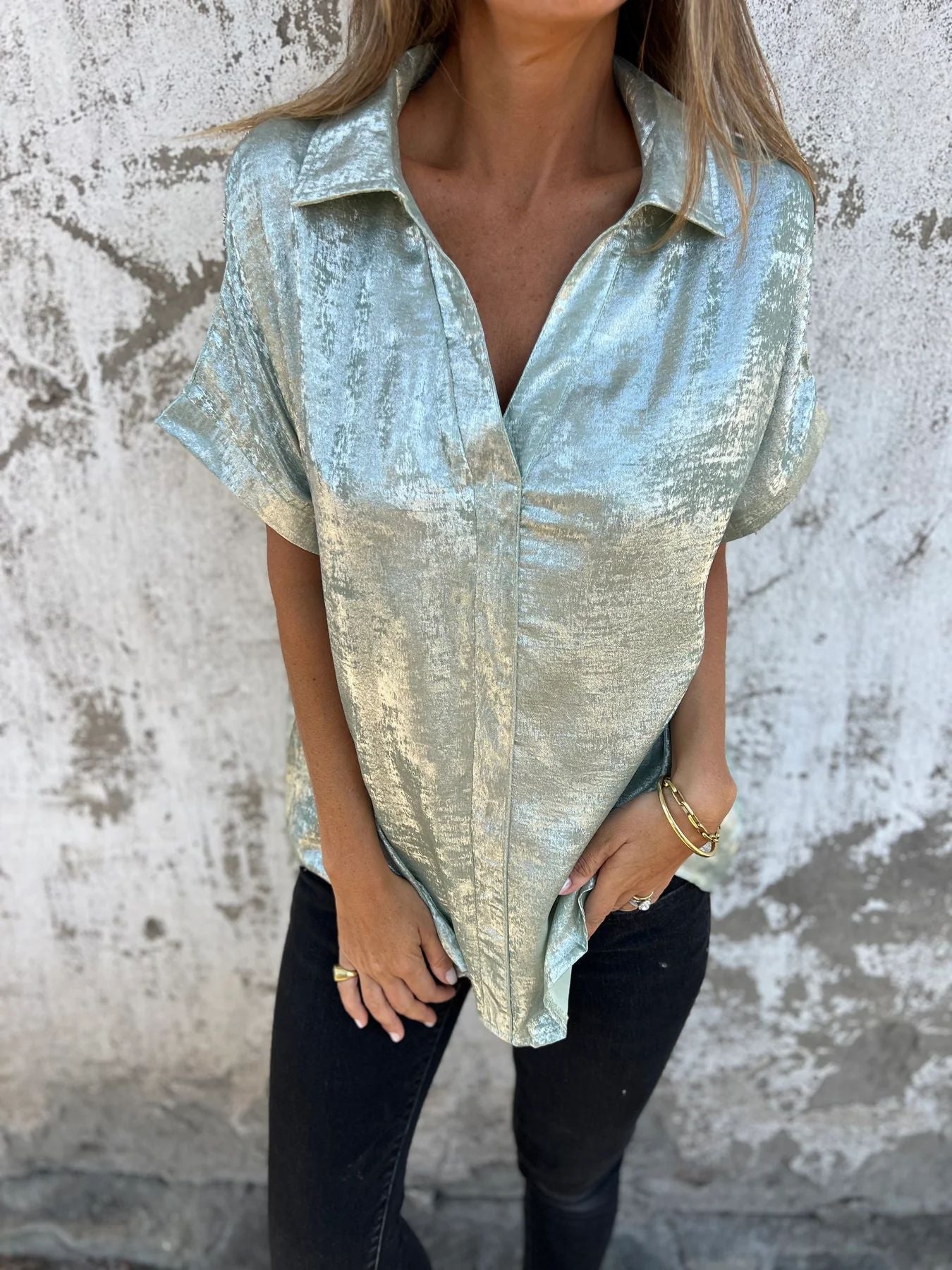 Damen Elegante und lässige Satinbluse mit kurzen Ärmeln WW