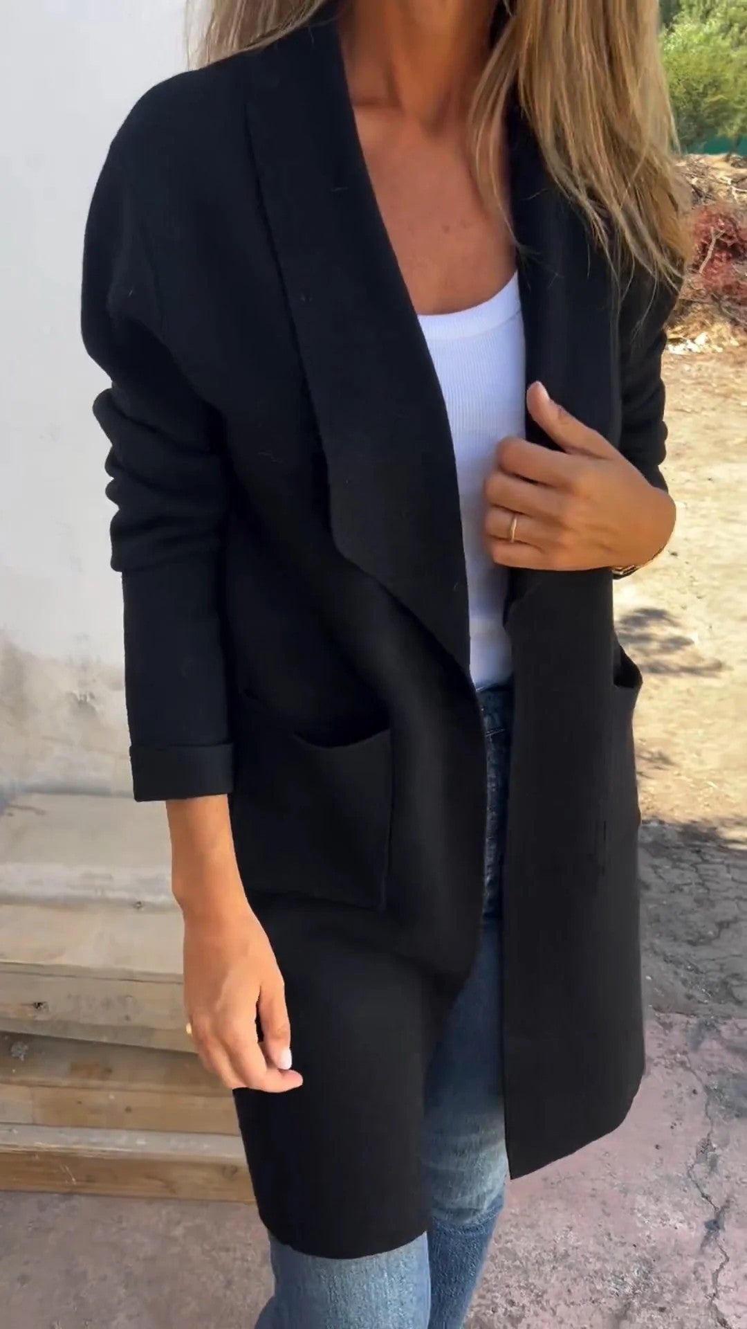 Damen Langer Strickcardigan mit offenen Kanten und Taschen WW
