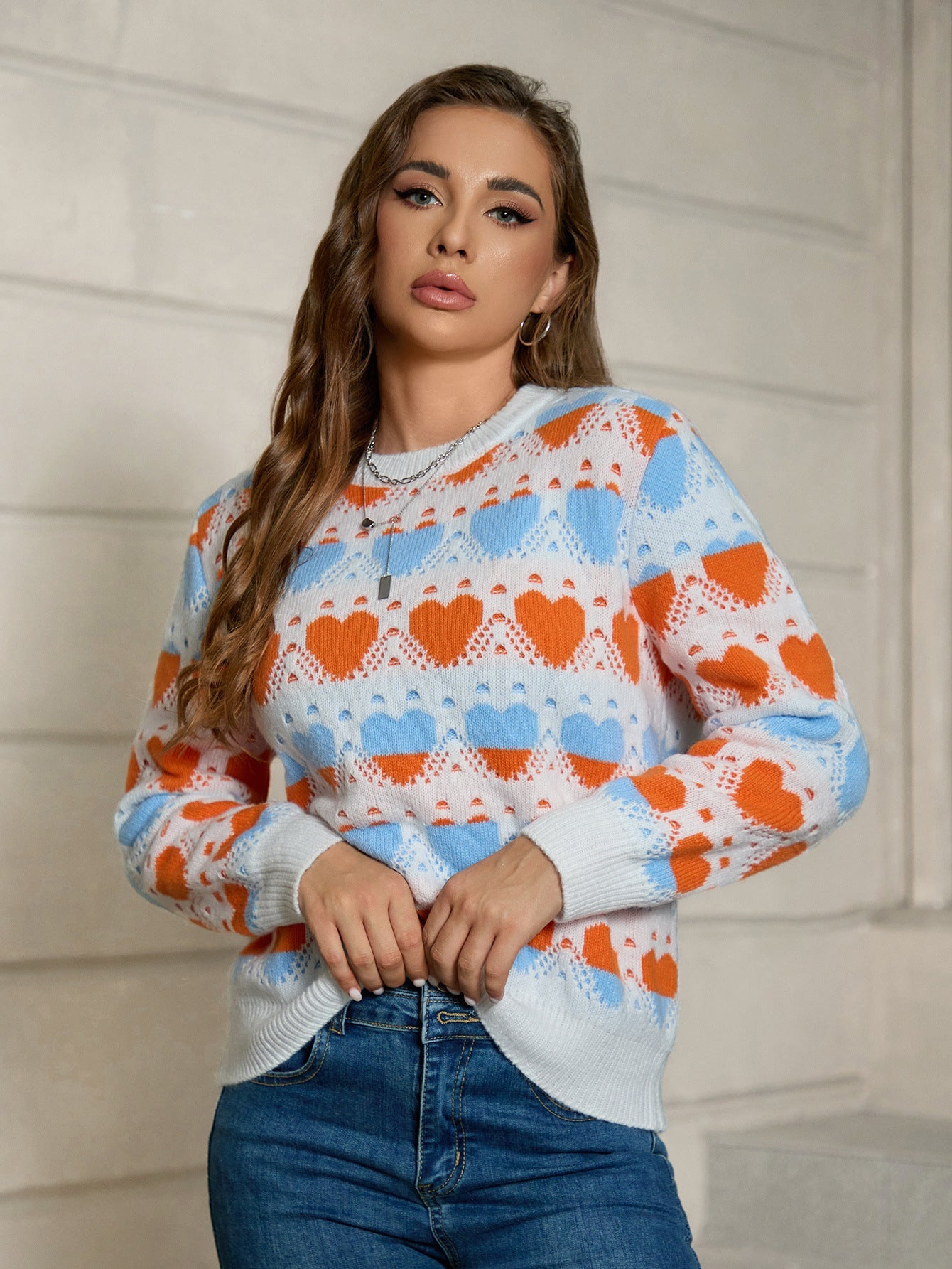 Damen Strickpullover mit Herzmuster und lockerer Passform WW
