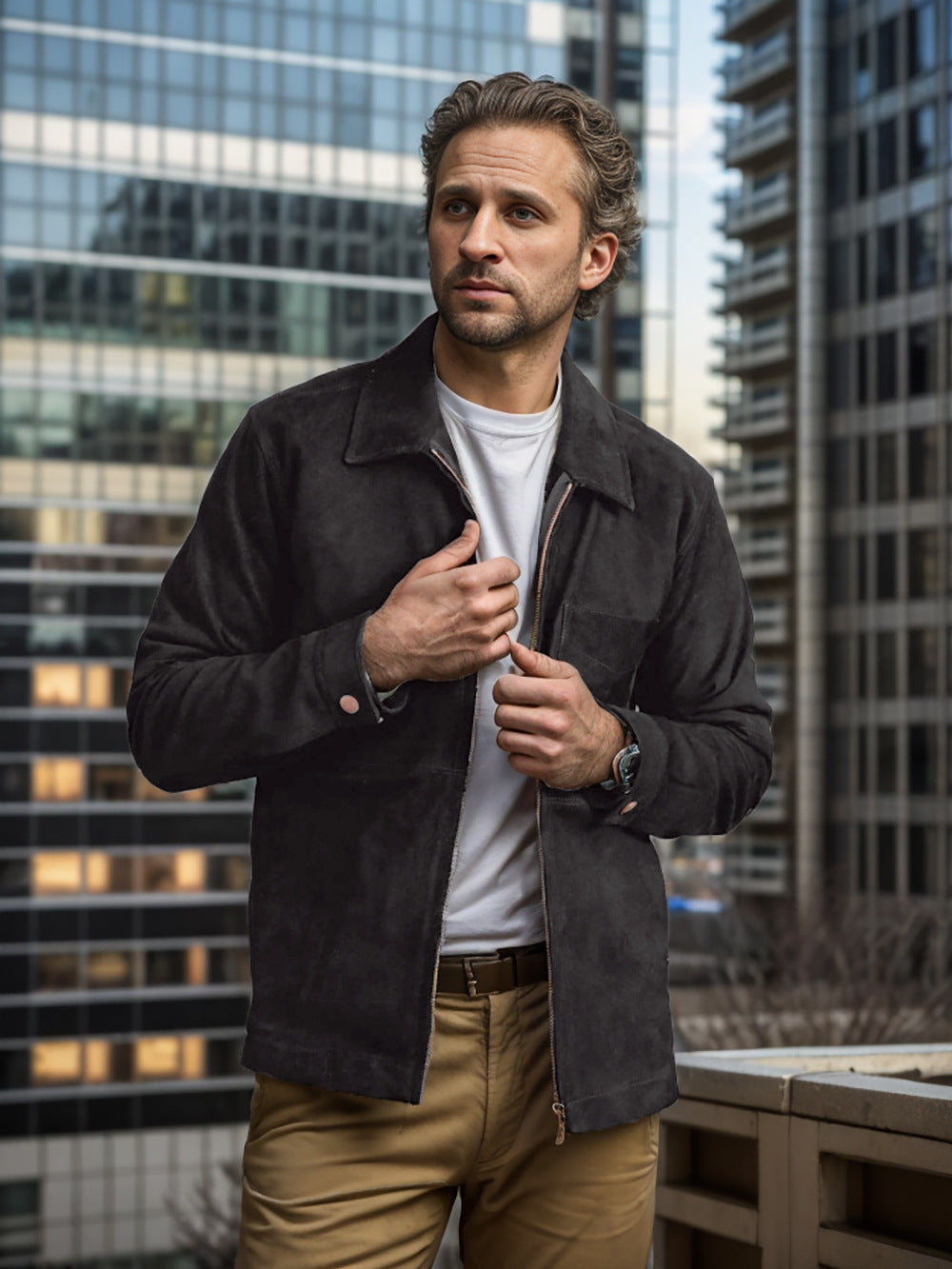 Herren Suede Jacke mit Stehkragen und praktischer Brusttasche WW