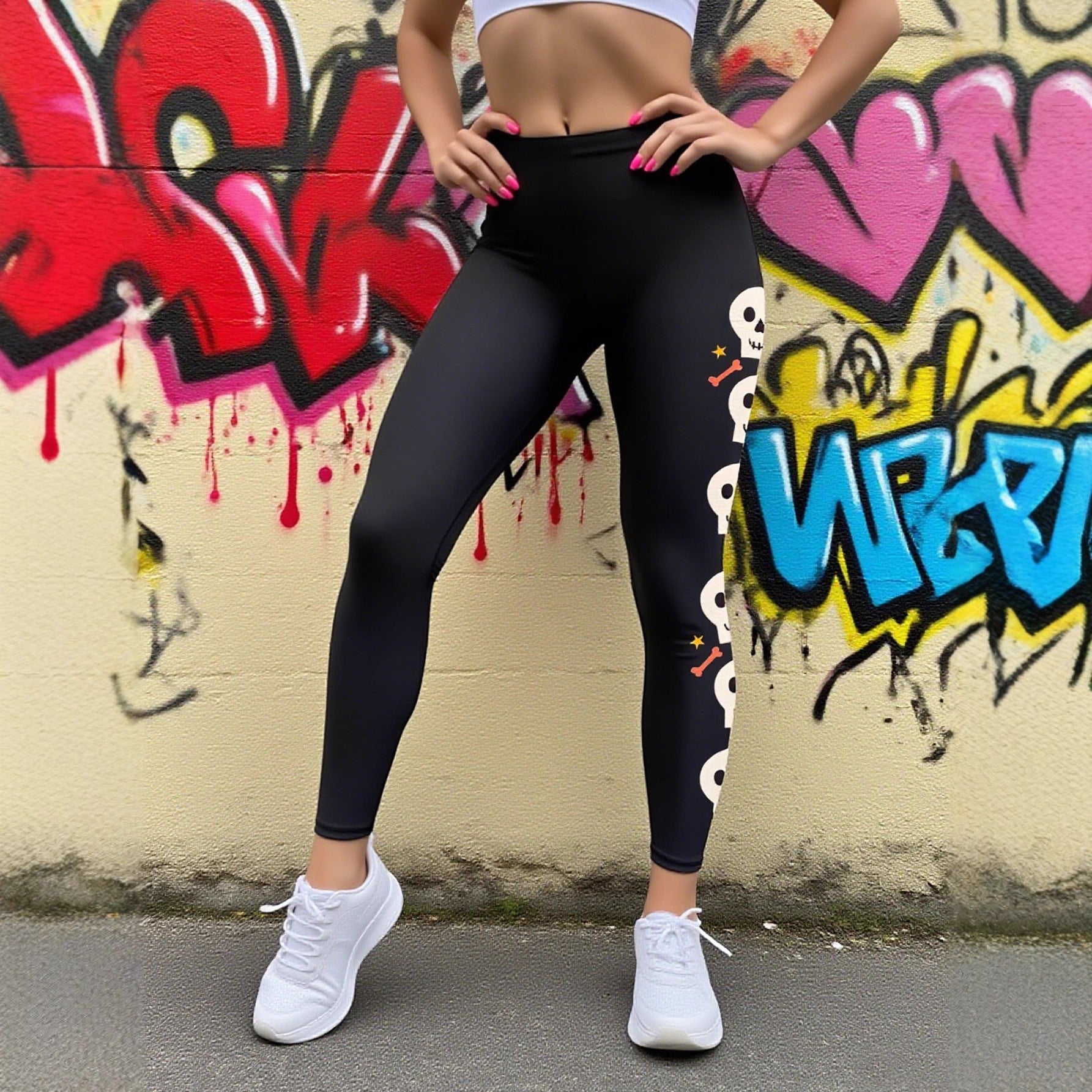 Damen Leggings mit stylischem Totenkopf-Motiv und hohem Bund WW