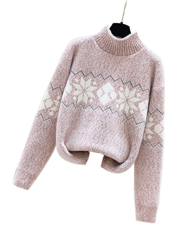 Damen kuscheliger Pullover mit hochgelegtem Kragen und winterlichem Motiv WW