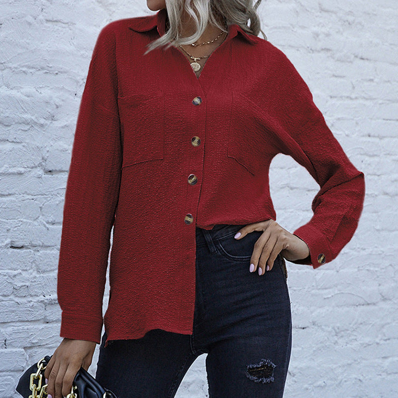 Damen Strukturierte Bluse mit Knopfdetail und Brusttaschen WW