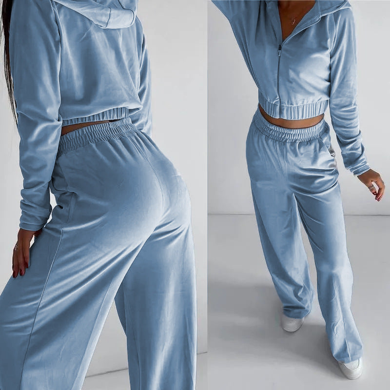 Damen sportliches Fleece Lounge-Set mit kurzem Schnitt und elastischem Bund WW