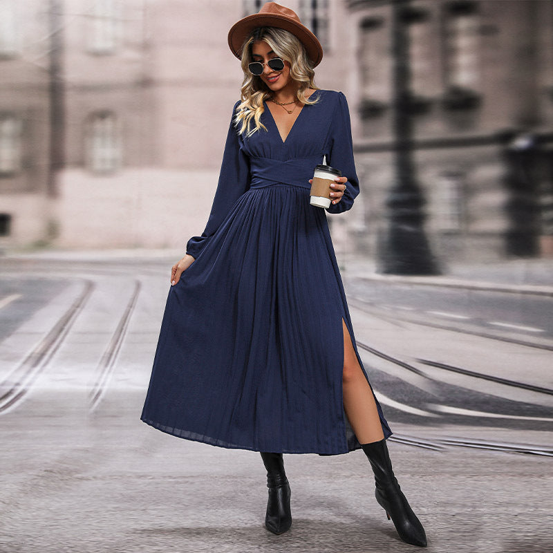 Damen Maxikleid mit V-Ausschnitt und langen Ärmeln WW